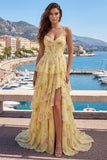 Vestido de Baile de Finalistas Amarelos de Alças Finguetes Com Espartilho Floral e Folhos