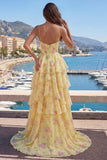 Vestido de Baile de Finalistas Amarelos de Alças Finguetes Com Espartilho Floral e Folhos