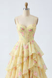 Vestido de Baile de Finalistas Amarelos de Alças Finguetes Com Espartilho Floral e Folhos