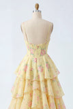 Vestido de Baile de Finalistas Amarelos de Alças Finguetes Com Espartilho Floral e Folhos