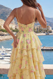 Vestido de Baile de Finalistas Amarelos de Alças Finguetes Com Espartilho Floral e Folhos