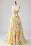 Vestido de Baile Longo Amarelo, Floral, Decote em V, com folhos e laço