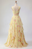 Vestido de Baile Longo Amarelo, Floral, Decote em V, com folhos e laço