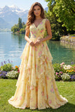 Vestido de Baile Longo Amarelo, Floral, Decote em V, com folhos e laço
