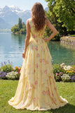 Vestido de Baile Longo Amarelo, Floral, Decote em V, com folhos e laço