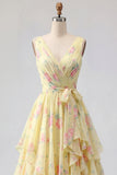 Vestido de Baile Longo Amarelo, Floral, Decote em V, com folhos e laço