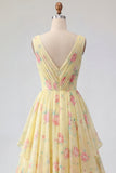 Vestido de Baile Longo Amarelo, Floral, Decote em V, com folhos e laço