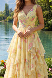 Vestido de Baile Longo Amarelo, Floral, Decote em V, com folhos e laço