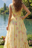 Vestido de Baile Longo Amarelo, Floral, Decote em V, com folhos e laço