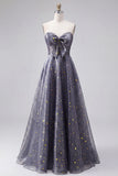 Celestial Midnight Encantador Vestido de Baile Estrelado A-Line Longa com Laço