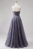 Celestial Midnight Encantador Vestido de Baile Estrelado A-Line Longa com Laço