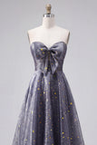 Celestial Midnight Encantador Vestido de Baile Estrelado A-Line Longa com Laço
