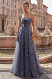 Celestial Midnight Encantador Vestido de Baile Estrelado A-Line Longa com Laço