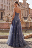 Celestial Midnight Encantador Vestido de Baile Estrelado A-Line Longa com Laço