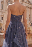 Vestido de Baile de finalistas azul poeirento, alças e laço, com folhos em cascata