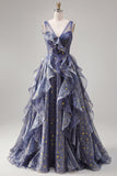 Elegante vestido de baile azul poeirento em tule com decote em V e folhos em camadas
