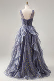 Elegante vestido de baile azul poeirento em tule com decote em V e folhos em camadas