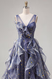 Elegante vestido de baile azul poeirento em tule com decote em V e folhos em camadas