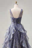 Elegante vestido de baile azul poeirento em tule com decote em V e folhos em camadas