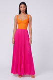 Vestido Maxi Plissado em Linha A Laranja e Fúcsia