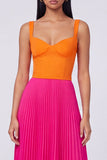 Vestido Maxi Plissado em Linha A Laranja e Fúcsia