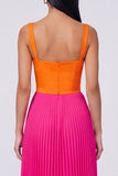 Vestido Maxi Plissado em Linha A Laranja e Fúcsia