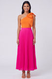 Vestido Maxi Plissado Linha A Laranja e Fúcsia Um Ombro com Laço Convidadas de Casamento