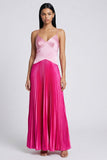 Vestido Maxi plissado de alças finas em cetim rosa e fúcsia