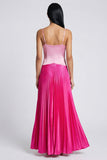 Vestido Maxi plissado de alças finas em cetim rosa e fúcsia