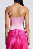 Vestido Maxi plissado de alças finas em cetim rosa e fúcsia