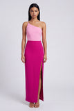Vestido Maxi Bodycon de Veludo de Um Ombro Rosa e Fúcsia com Fenda