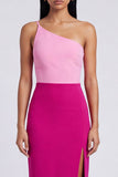 Vestido Maxi Bodycon de Veludo de Um Ombro Rosa e Fúcsia com Fenda