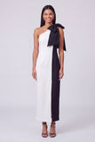 Vestido Maxi Bodycon de Um Ombro Preto e Branco com Laço