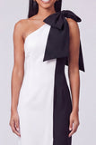 Vestido Maxi Bodycon de Um Ombro Preto e Branco com Laço