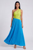 Vestido Maxi Plissado e Franzido Verde A-Line e Azul, Um Ombro
