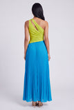 Vestido Maxi Plissado e Franzido Verde A-Line e Azul, Um Ombro