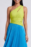 Vestido Maxi Plissado e Franzido Verde A-Line e Azul, Um Ombro
