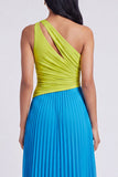 Vestido Maxi Plissado e Franzido Verde A-Line e Azul, Um Ombro
