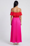 Vestido Maxi A-Line de Ombros Descobertos e Vestido Maxi Plissado Vermelho com Folhos
