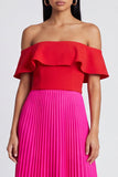 Vestido Maxi A-Line de Ombros Descobertos e Vestido Maxi Plissado Vermelho com Folhos