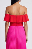 Vestido Maxi A-Line de Ombros Descobertos e Vestido Maxi Plissado Vermelho com Folhos