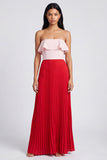 Vestido Maxi plissado cor-de-rosa e vermelho, linha A com ombros descobertos e folhos