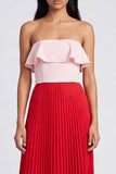 Vestido Maxi plissado cor-de-rosa e vermelho, linha A com ombros descobertos e folhos