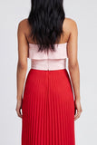 Vestido Maxi plissado cor-de-rosa e vermelho, linha A com ombros descobertos e folhos