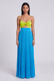 Vestido Maxi Plissado Verde e Azul A-Line Sweetheart com laço