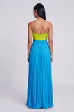 Vestido Maxi Plissado Verde e Azul A-Line Sweetheart com laço