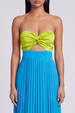 Vestido Maxi Plissado Verde e Azul A-Line Sweetheart com laço