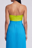 Vestido Maxi Plissado Verde e Azul A-Line Sweetheart com laço