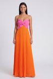 Vestido Maxi plissado cor-de-rosa e laranja A-Line com laço