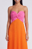 Vestido Maxi plissado cor-de-rosa e laranja A-Line com laço